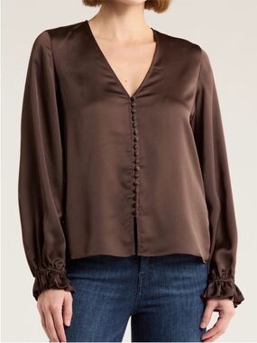 FRAME Chocolate Satin V-Neck Button-Front Blouse